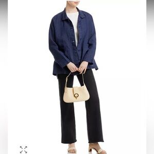 Eileen Fisher Washed Organic Linen Delave Classic Collar Jacket shirt navy blue